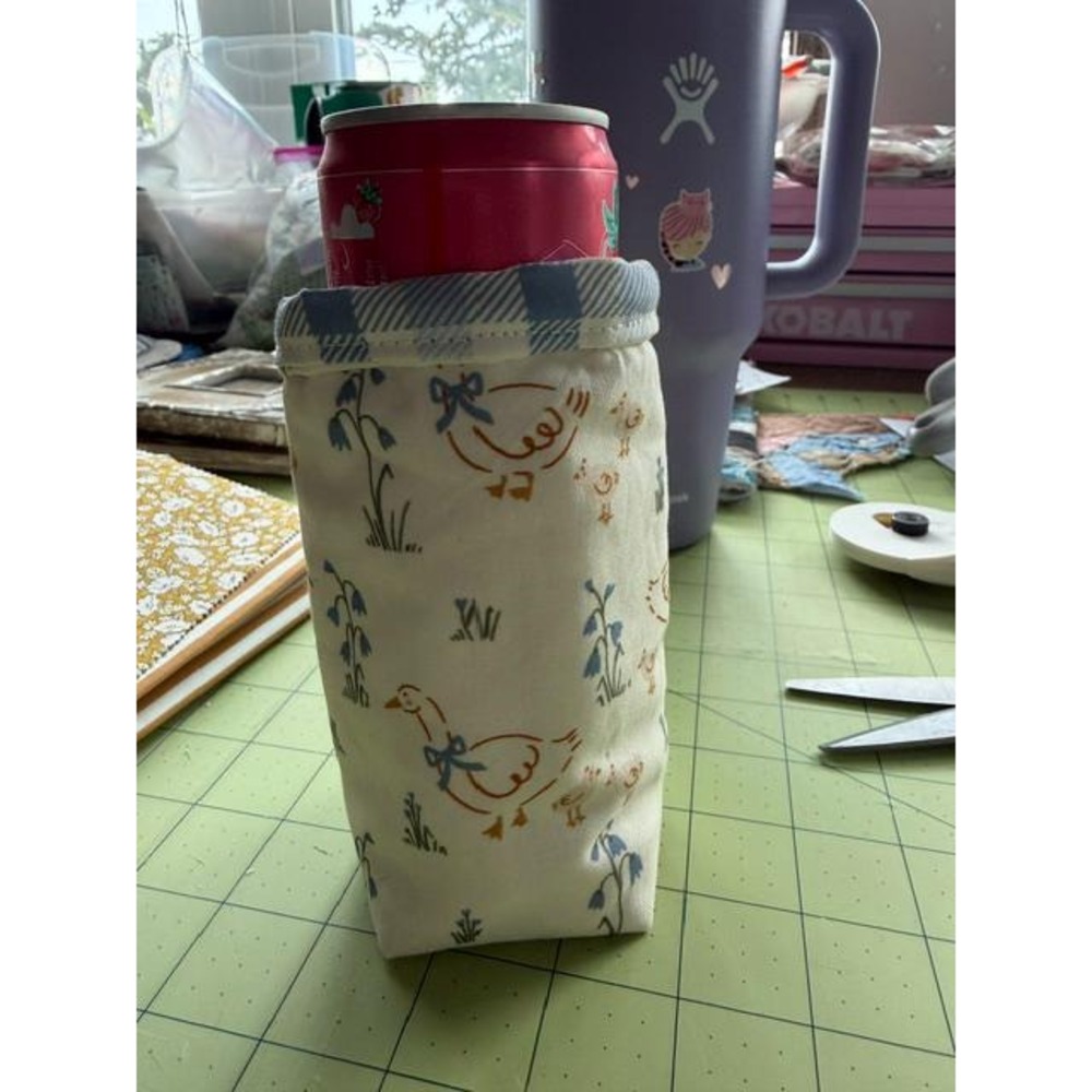 Handmade Blue Gingham Goose Slim Can Sleeve Koozy Insulated Cotton Drink Holder